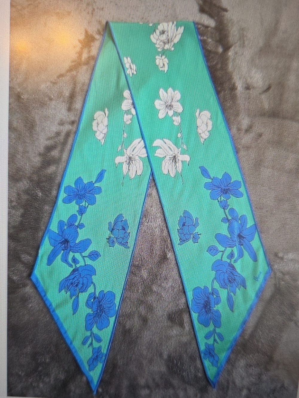 Vera Newmann Floral Skinny Silk Scarf in Teal and Blue 62 Inches Length